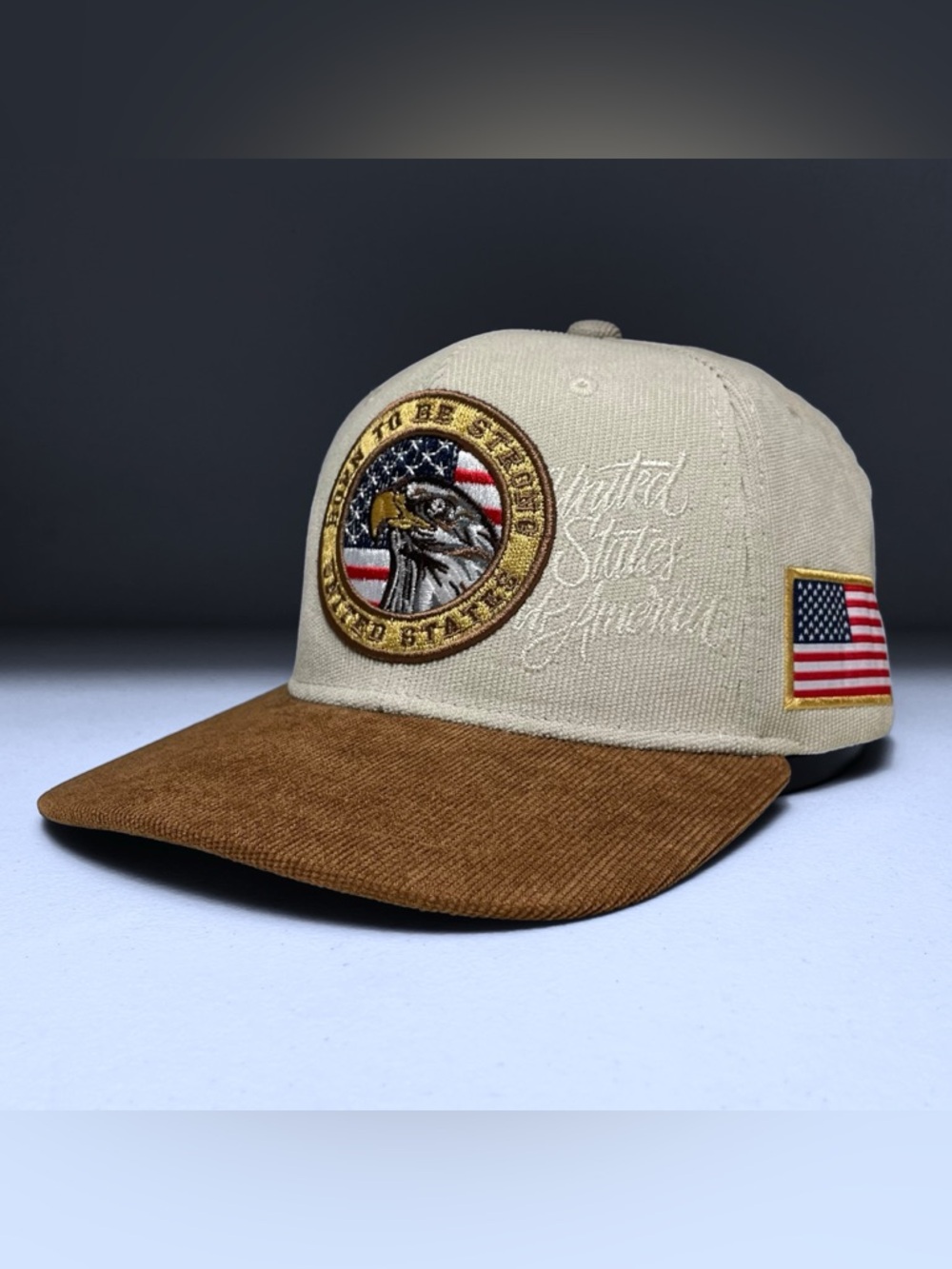 USA Flag Eagle Embroidered Beige Corduroy Snapback Cap